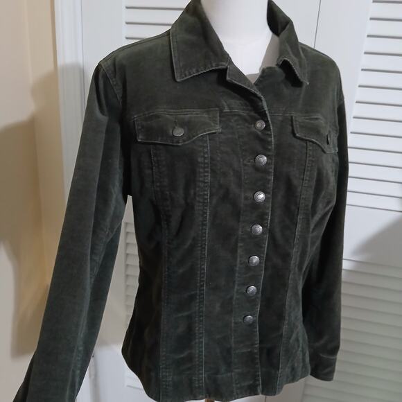 Chico's 1(US 8/10) Olive Green Stretch Corduroy Button-Up Jacket Cotton/Spandex - Picture 1 of 16